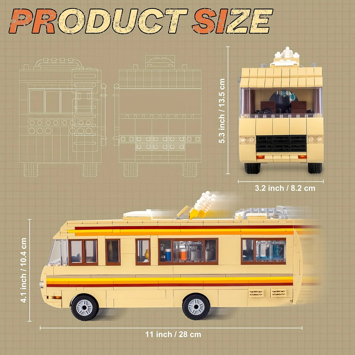 A yellow model bus building set with a top structure and windows, shown in side view.