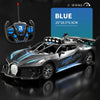 A blue high-speed remote control sports car model is shown with a separate remote control, displayed on a dark surface.