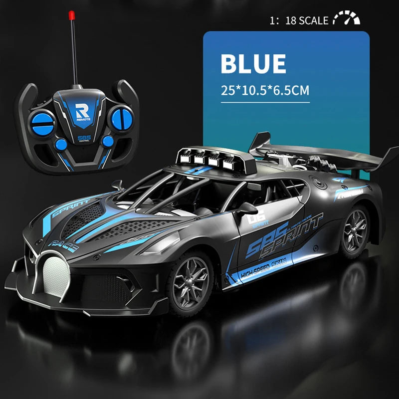 A blue high-speed remote control sports car model is shown with a separate remote control, displayed on a dark surface.