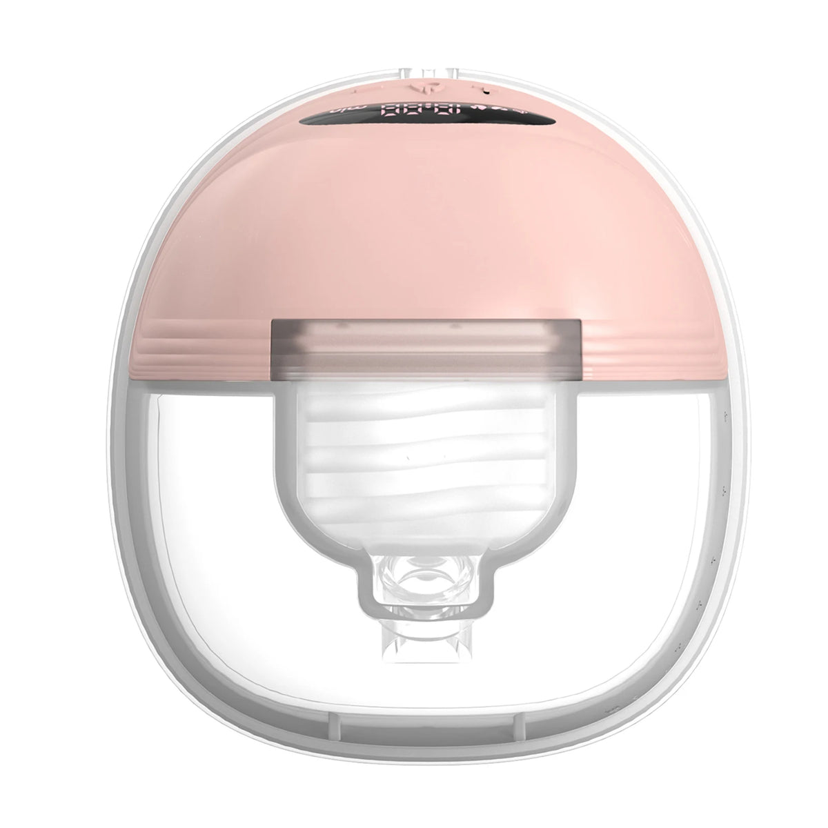 A pink hands-free wearable breast pump with a clear light housing.