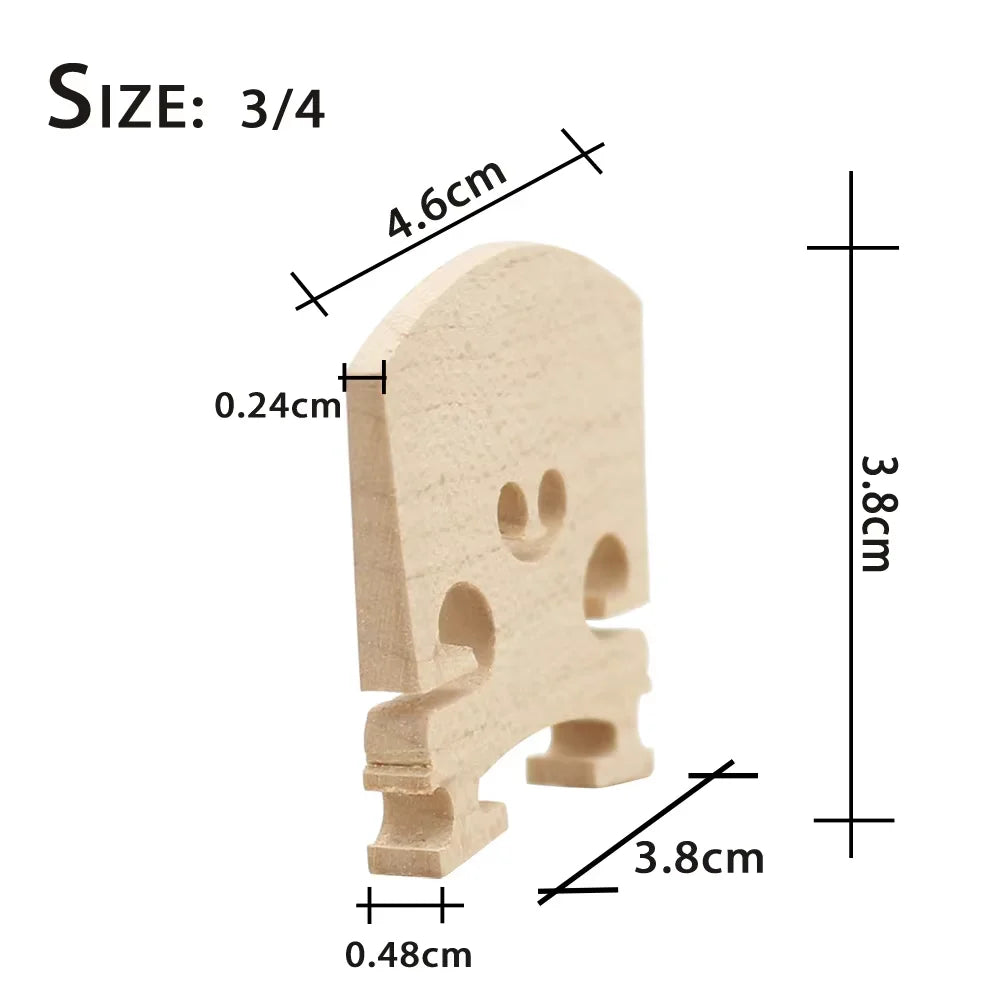 A light wood violin bridge with a 3/4 size, measuring 4.6cm in length and 3.8cm in height.
