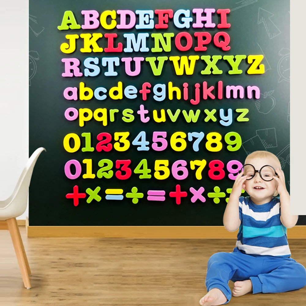 A chalkboard covered with colorful magnetic letters and numbers arranged in alphabetical and numerical sequences for learning