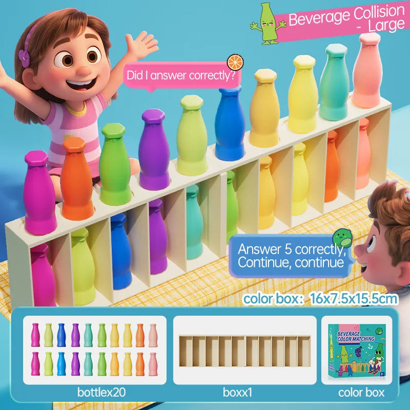 A child is playing a guessing game where they match colored bottles to correct answers on a board.