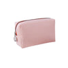 A pink and white striped canvas pencil case with a zipper and a silver charm.