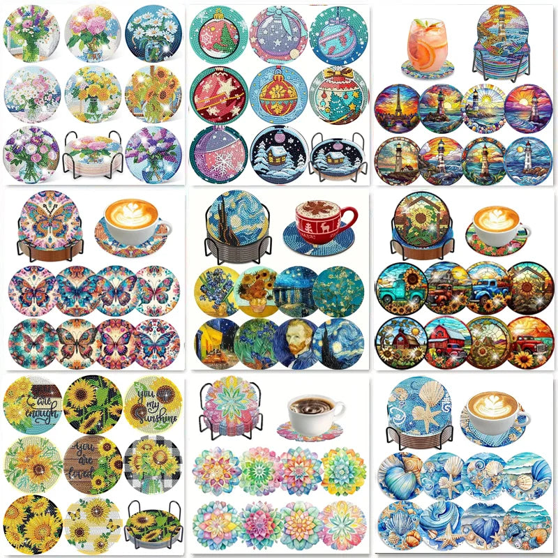 An assortment of 8 diamond painting coasters featuring various floral and nature designs with metal holders.