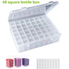 A transparent multi-compartment storage box with 48 square bottle slots and several small glass containers.
