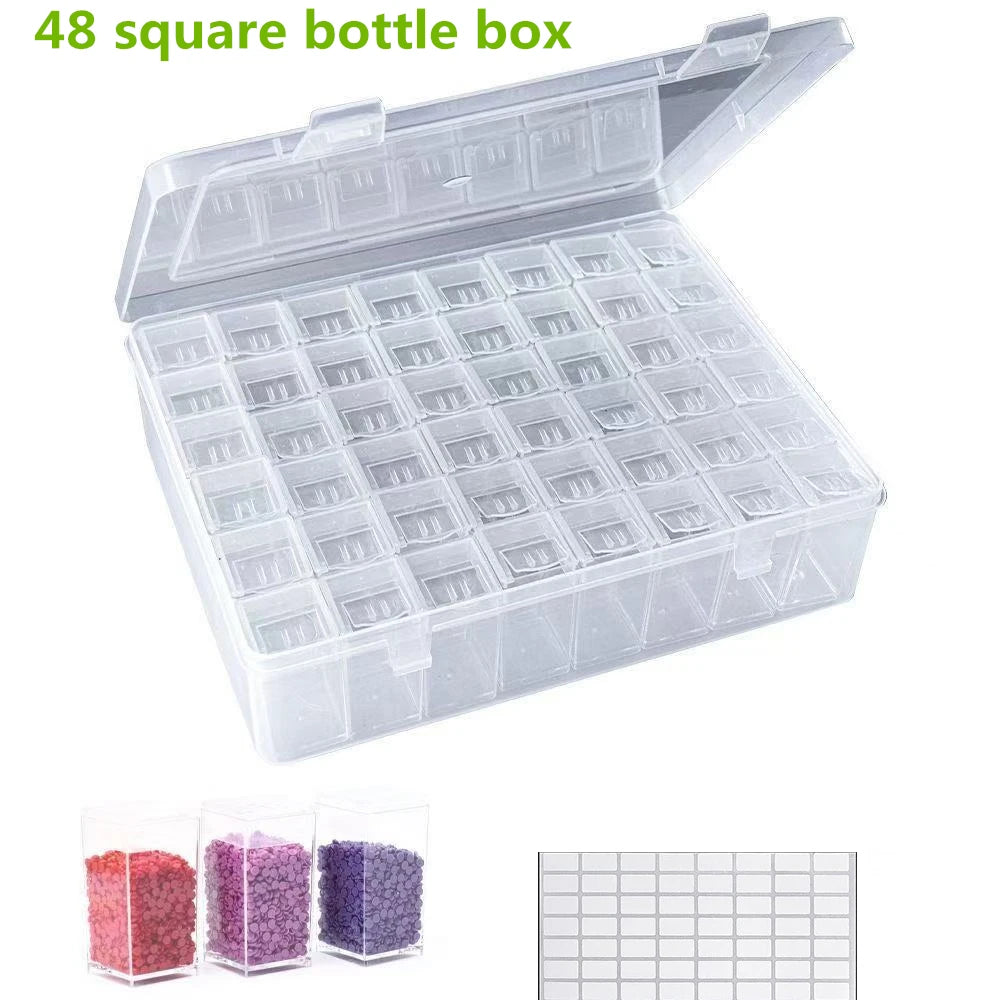 A transparent multi-compartment storage box with 48 square bottle slots and several small glass containers.