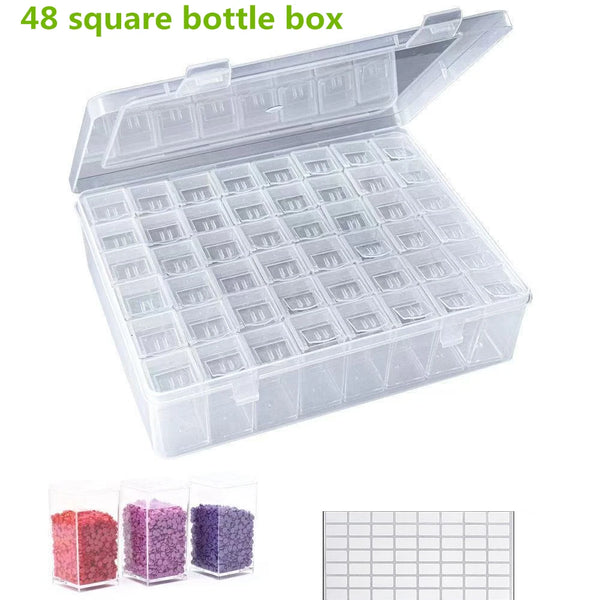 Caja de almacenamiento transparente con 48 ranuras para botellas y pequeños frascos de vidrio.