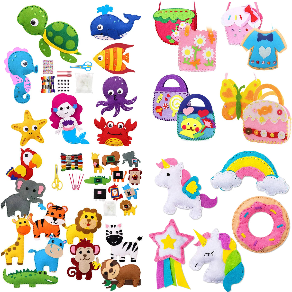 A collection of felt woodland animal figures including a green turtle, blue whale, orange fish, purple octopus, and various o