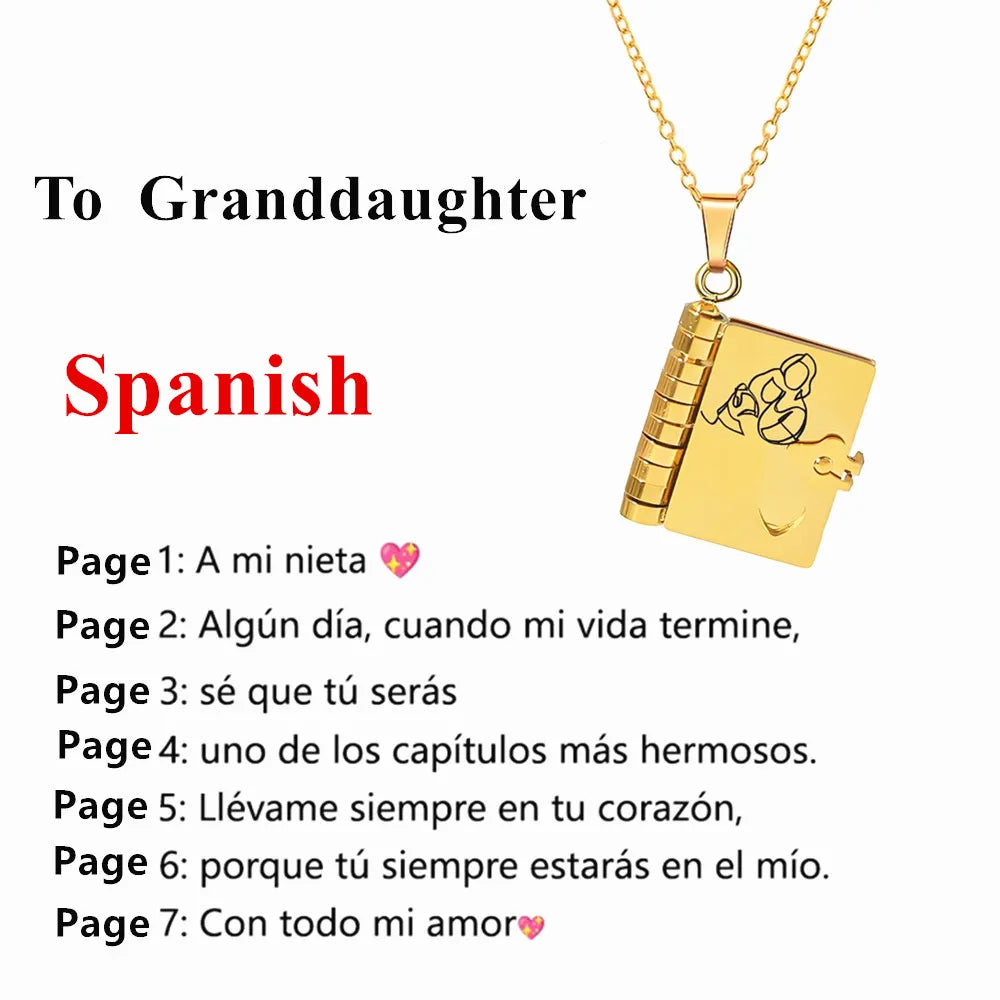 A gold engraved book pendant necklace for a granddaughter with Spanish text on the pages