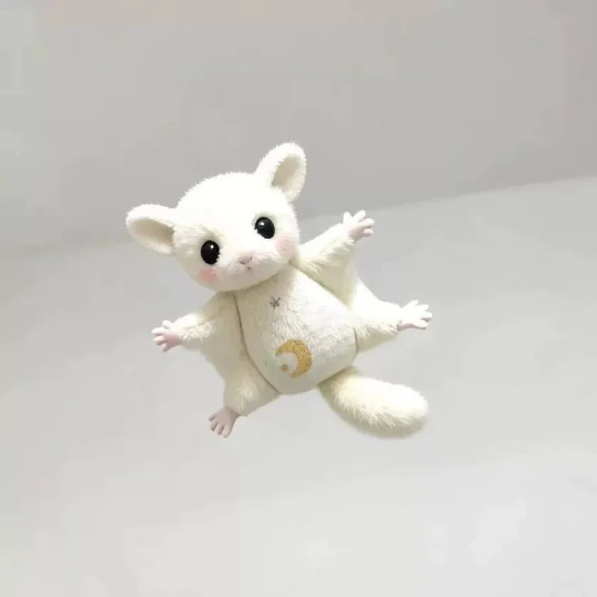 A small white plush mouse with a gold crescent moon detail, shown against a light background.