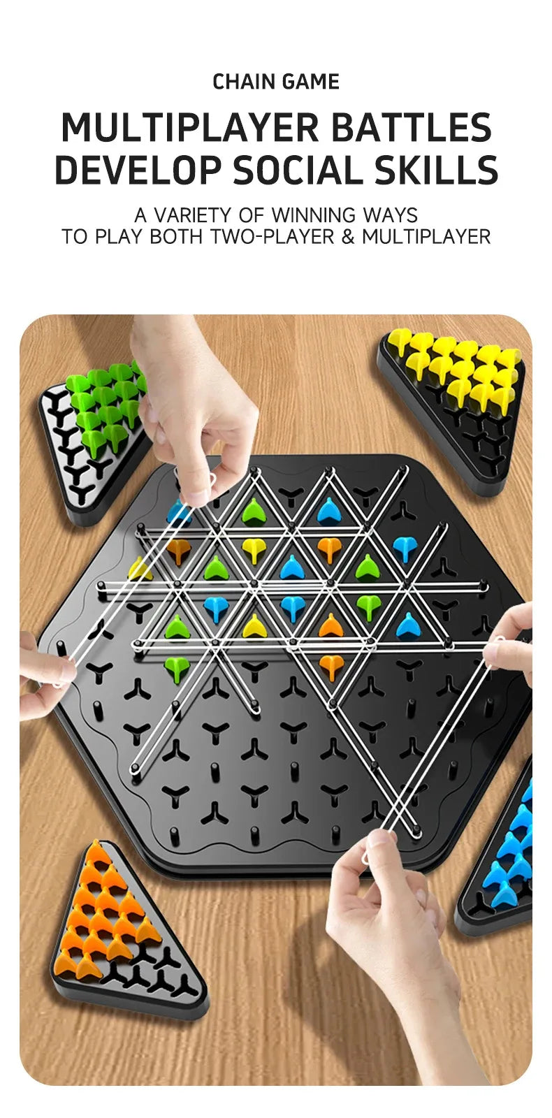 A hand is placing colored triangles onto a black board game for a chain game strategy battle.