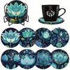 A set of eight DIY diamond art coasters with a holder, featuring floral and botanical designs in teal and green.