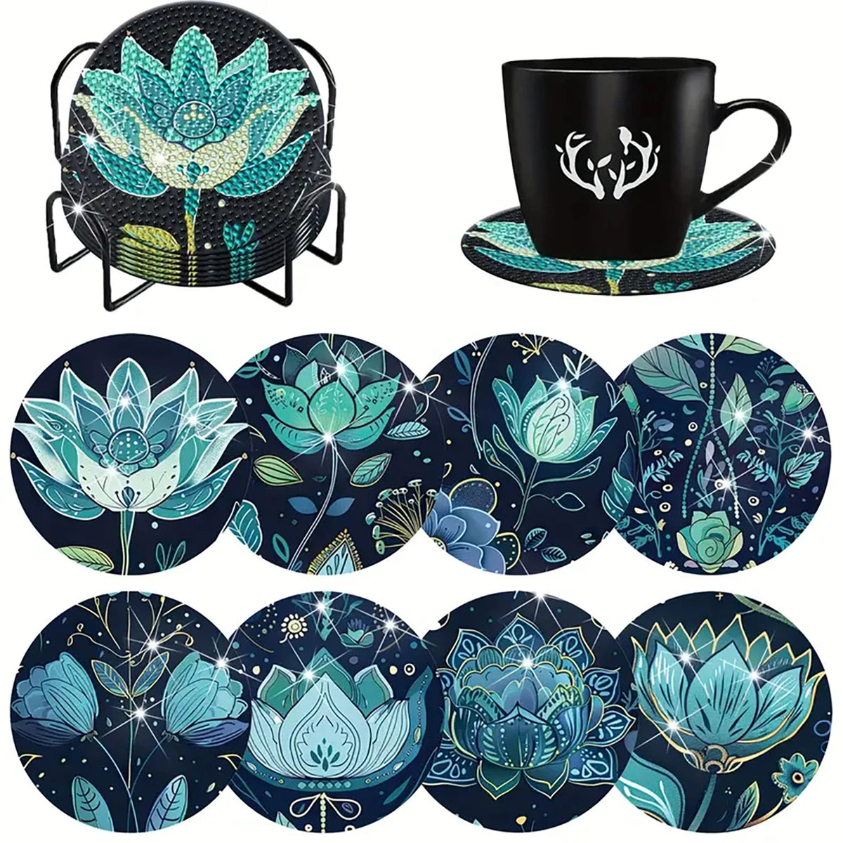 A set of eight DIY diamond art coasters with a holder, featuring floral and botanical designs in teal and green.