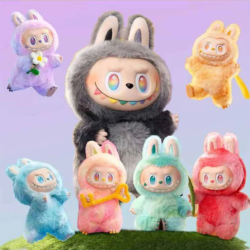 A collection of Labubu The Monsters Big Into Energy plush dolls in various colors and textures.
