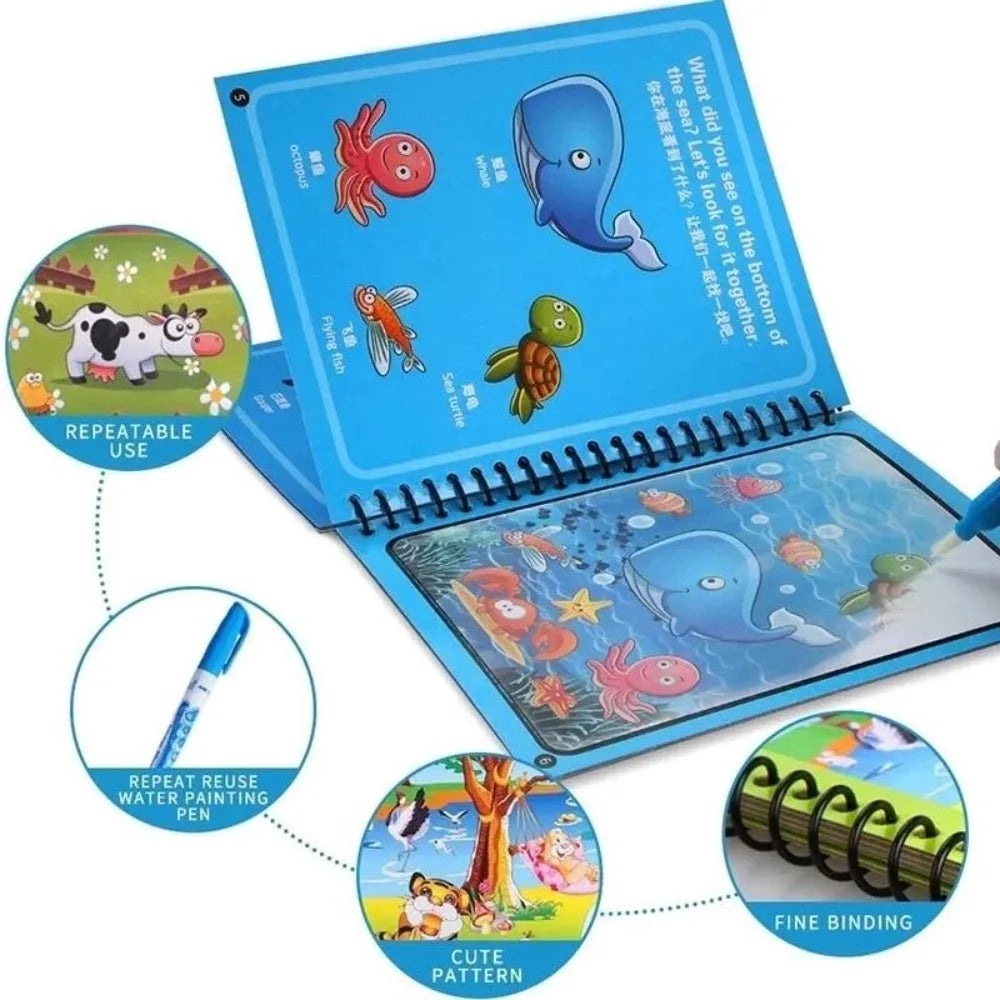 A blue reusable water drawing book with a magic pen and various art activities.