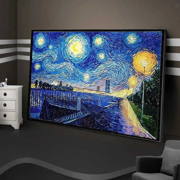 A framed diamond painting depicting Van Gogh's Starry Night with vibrant blues, yellows, and greens.