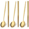 A set of six gold-toned stainless steel chopsticks and spoons for Korean dinnerware.
