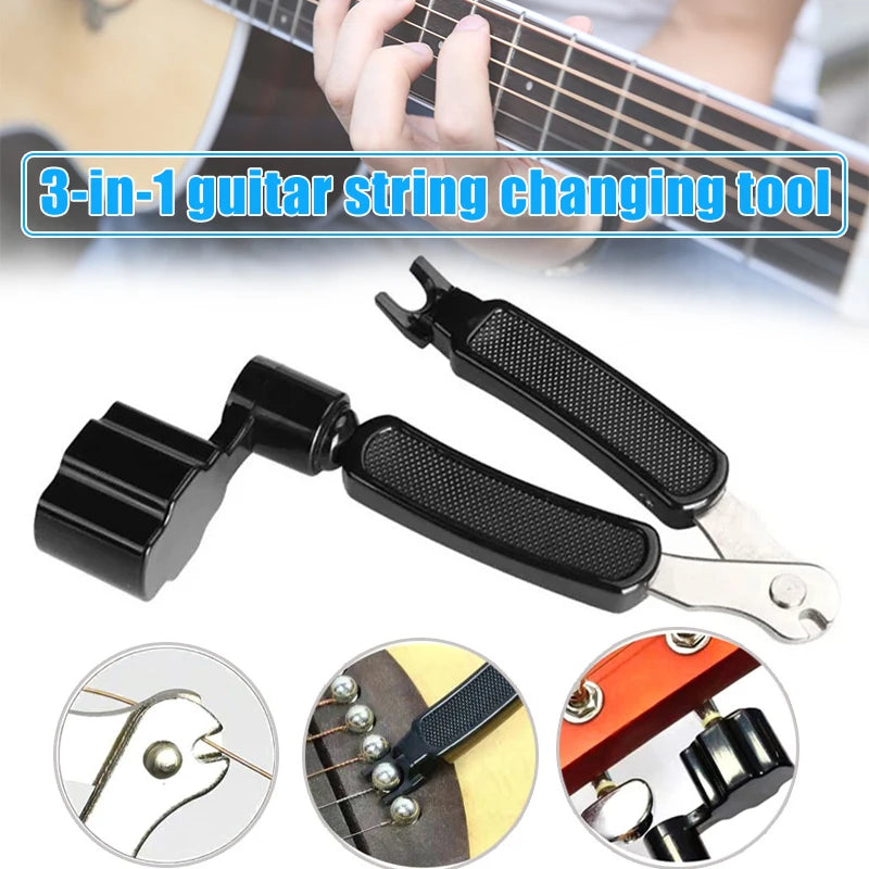 A 3-in-1 guitar string changing tool showing a winder, cutter, and pin puller component.