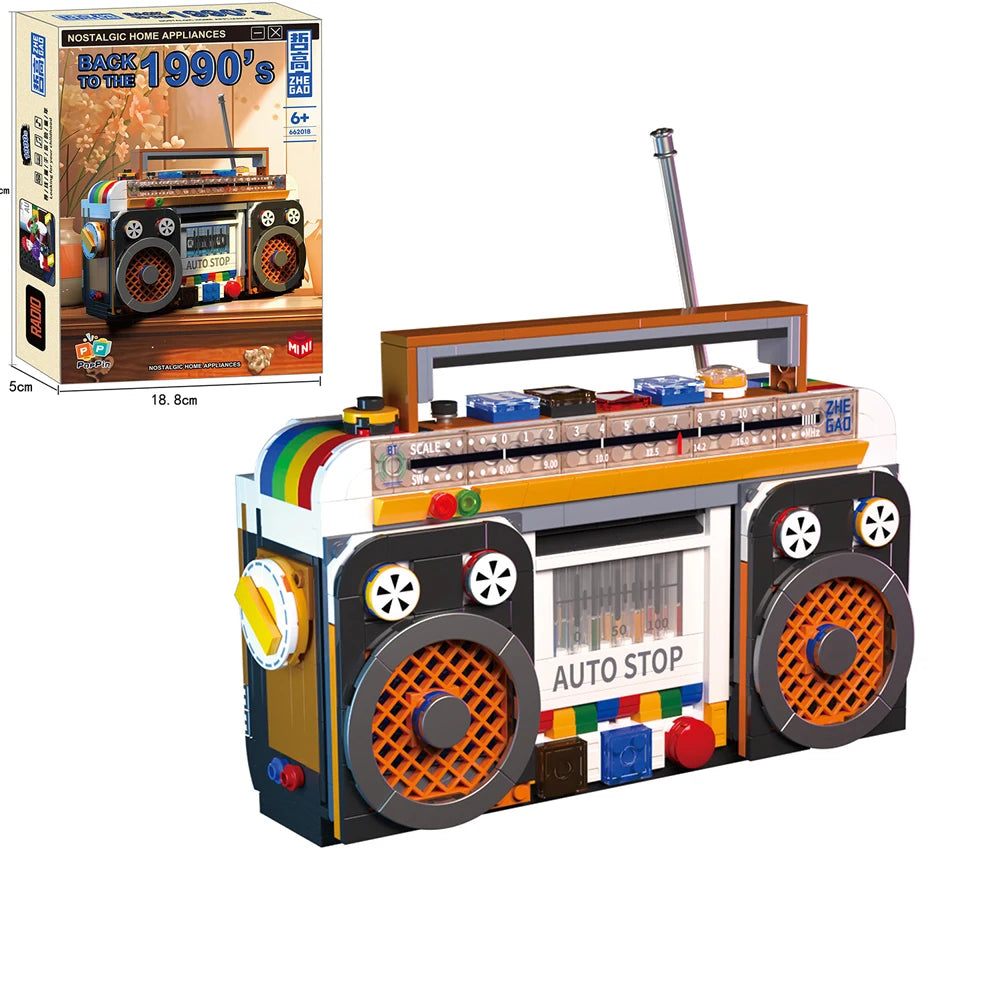 A retro radio building block set featuring a vintage radio design with various components and controls.
