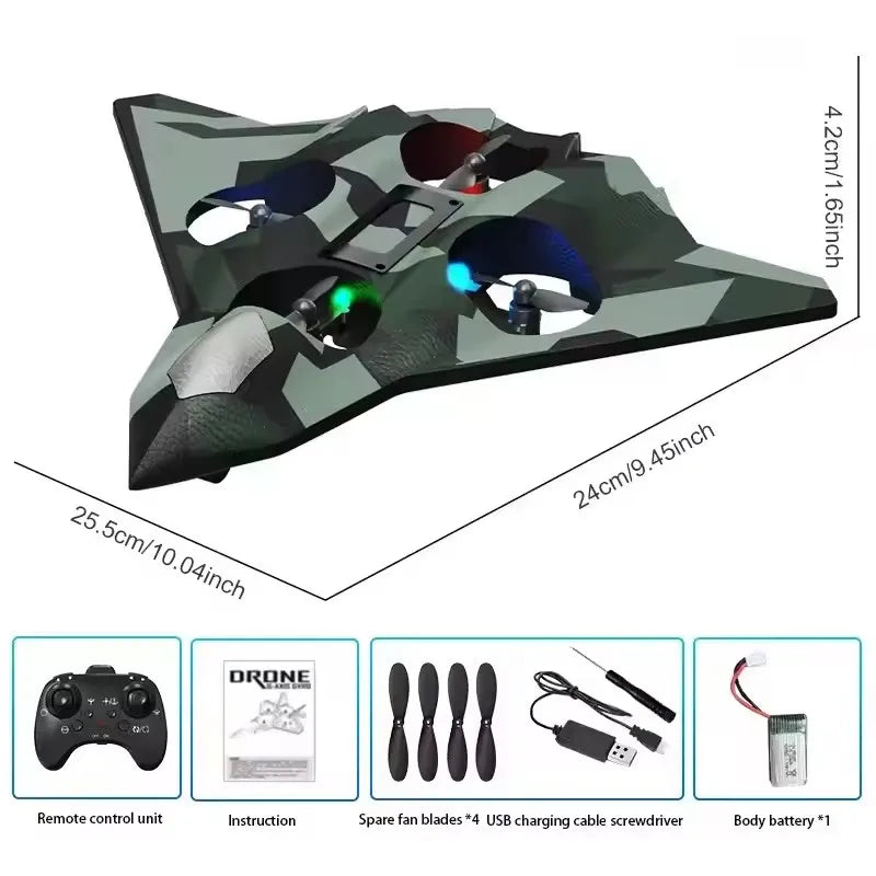 A green and black EPP foam stunt glider with LED lights, along with its remote control unit, instruction sheet, spare fan bla