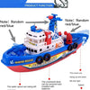 A blue and red electric marine rescue boat toy with features like lights, music, and a water spout.