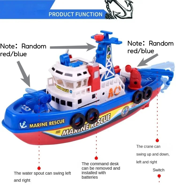 A blue and red electric marine rescue boat toy with features like lights, music, and a water spout.