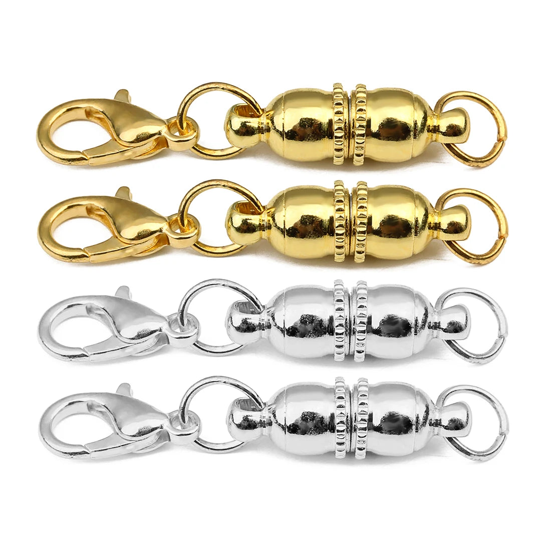 A set of four magnetic clasps for jewelry making, shown in gold and silver metal connectors.