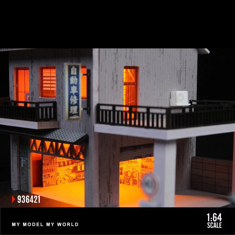 Japanese Style Auto Repair Shop Diorama with LED Lighting
