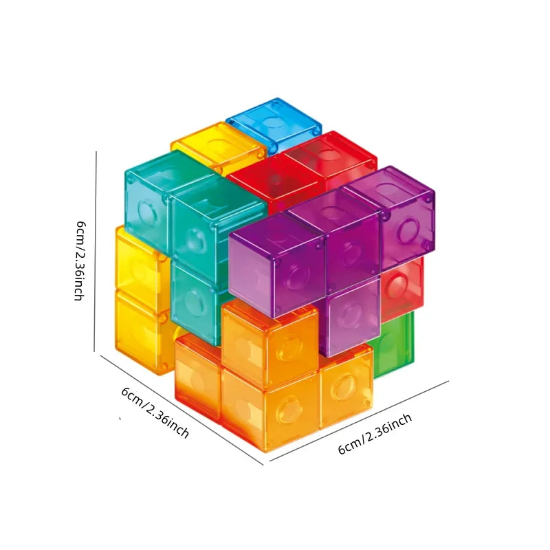 A collection of colorful magnetic 3D puzzle building blocks stacked and arranged.