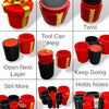 A set of nested red and black screw gift boxes demonstrating various stacking and twisting techniques.