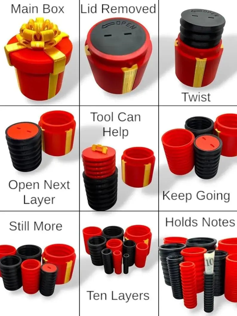 A set of nested red and black screw gift boxes demonstrating various stacking and twisting techniques.