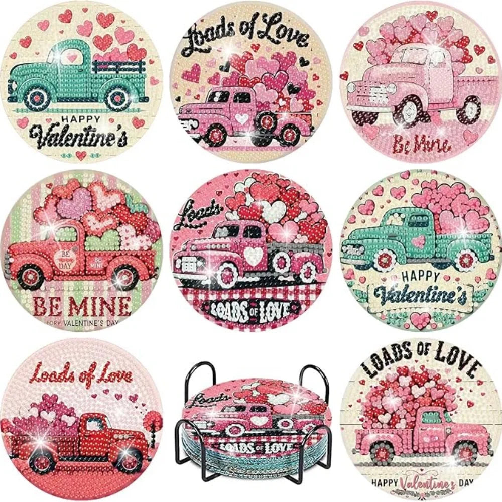 A set of diamond art coasters featuring pink and green vintage pickup trucks with hearts and floral designs.