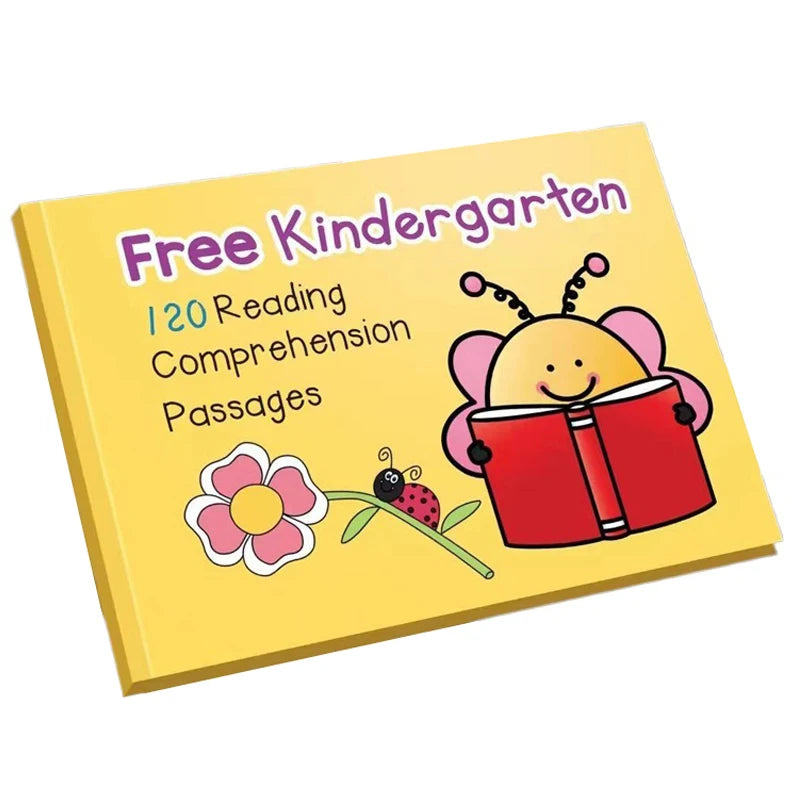 A yellow book titled Free Kindergarten 120 Reading Comprehension Passages featuring a smiling bee character.