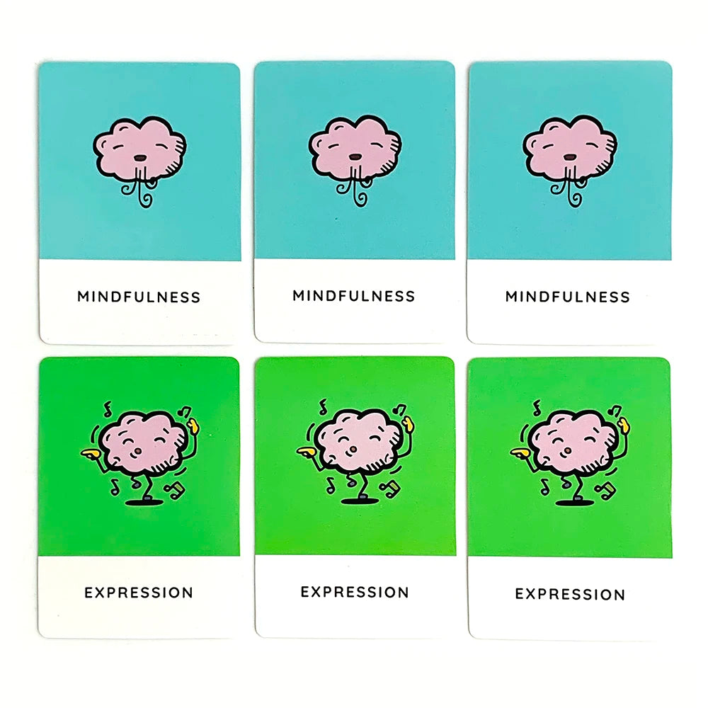 Seis tarjetas con diseño de cara de nube rosa etiquetadas como Mindfulness y Expression.