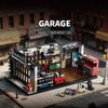 A detailed model of a garage building constructed from wooden and brick blocks, featuring tools and equipment.