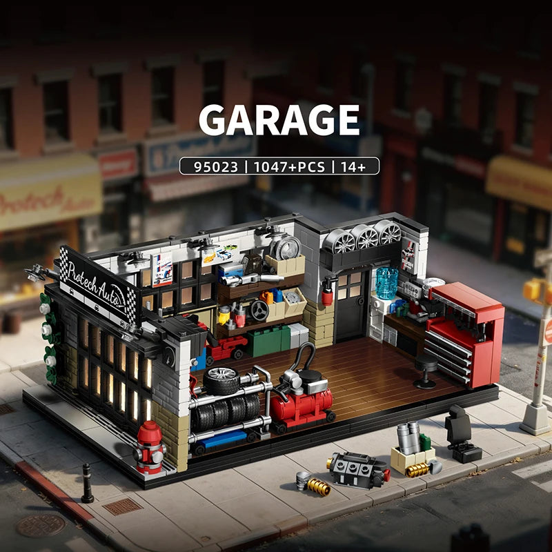 A detailed model of a garage building constructed from wooden and brick blocks, featuring tools and equipment.