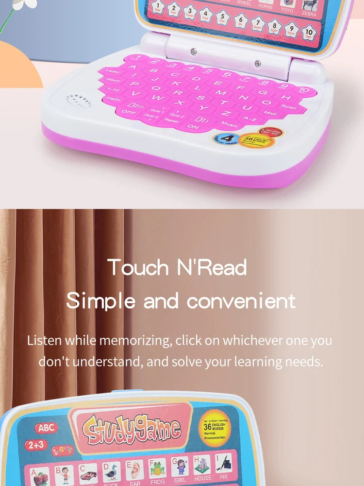 A pink and white interactive learning laptop toy with colorful buttons and a screen for children's education.
