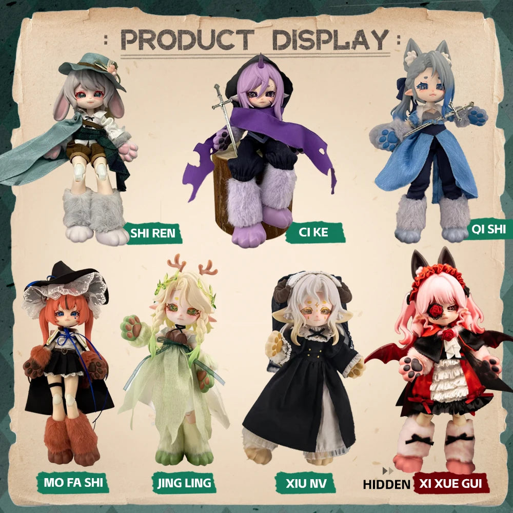 A display of six 1/12 scale lunar-themed posable dolls including characters like Shi Ren, Ci Ke, Qi Shi, Mo Fa Shi, Jing Ling
