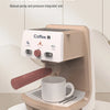 A light beige simulated sound light pressure pump coffee machine with a white mug on the drip tray.