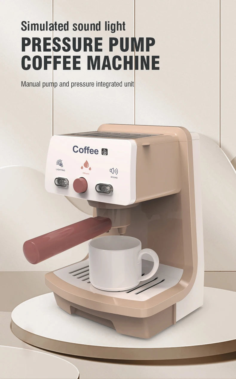 A light beige simulated sound light pressure pump coffee machine with a white mug on the drip tray.