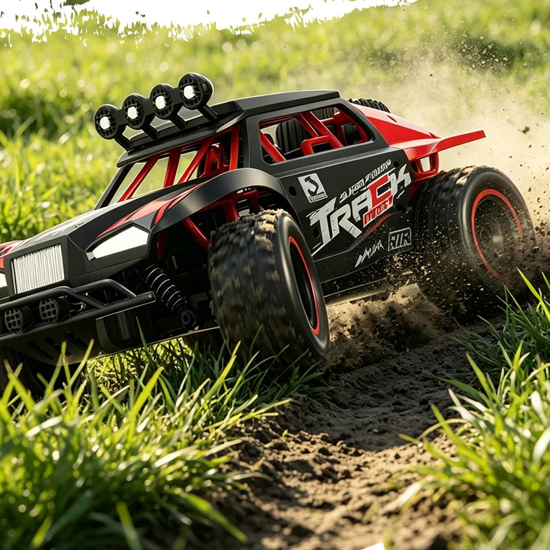 A red and black 1:18 scale high-speed off-road RC monster truck driving through dirt terrain.