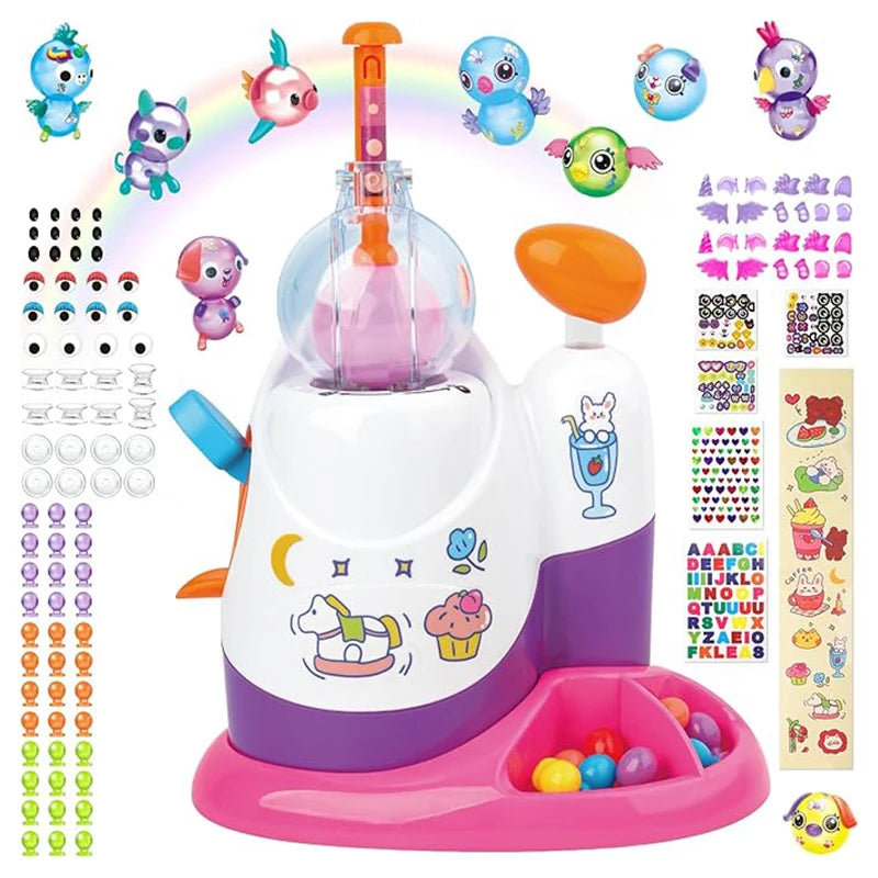 A pink and purple inflatable balloon craft kit with a pump and stickers for children.