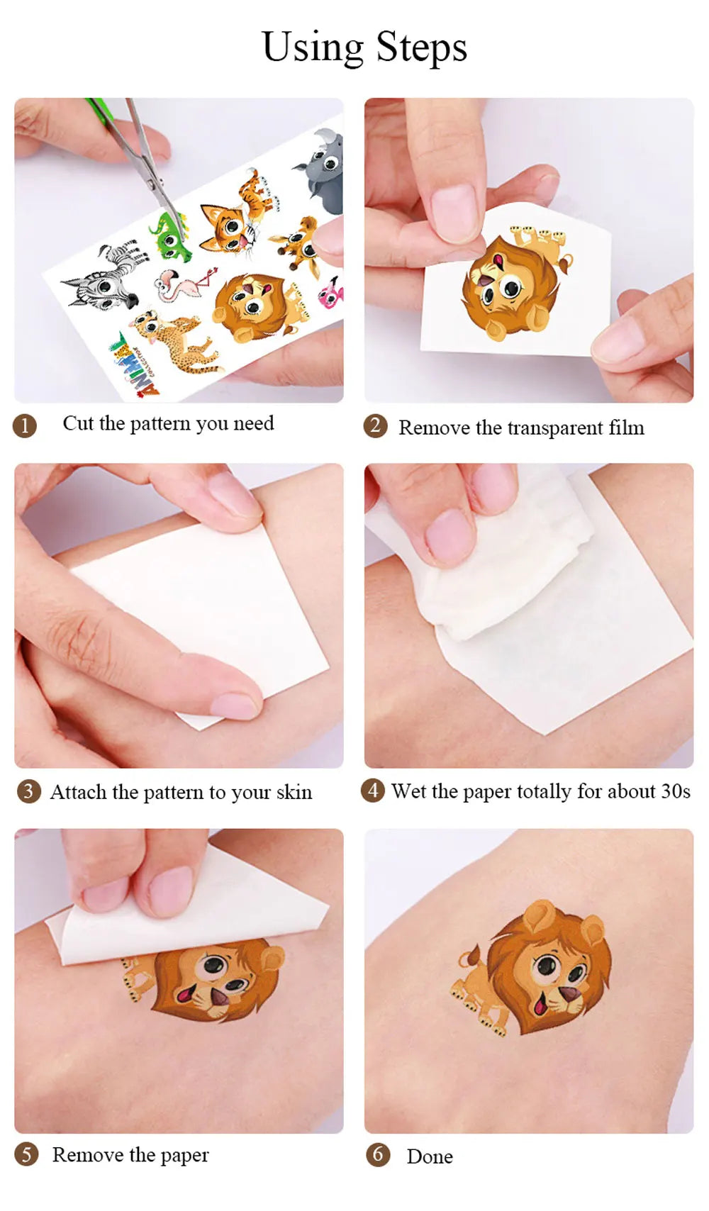 Six steps demonstrating how to use temporary tattoos on skin, including cutting the pattern and applying it.