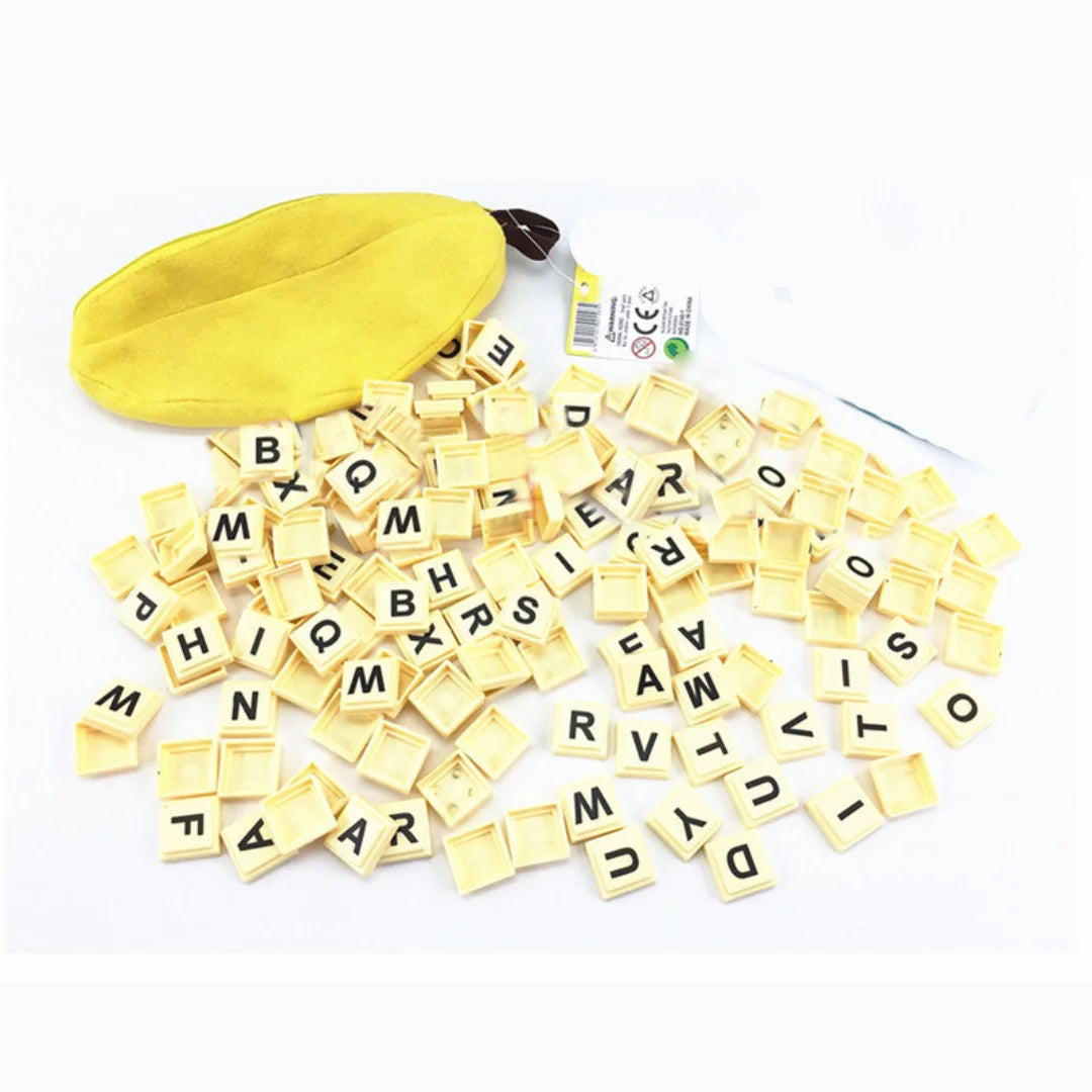 A yellow storage bag containing letter tiles for an alphabet spelling game set.