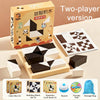 Two-player version of a building block puzzle game box and components including cards and storage bag