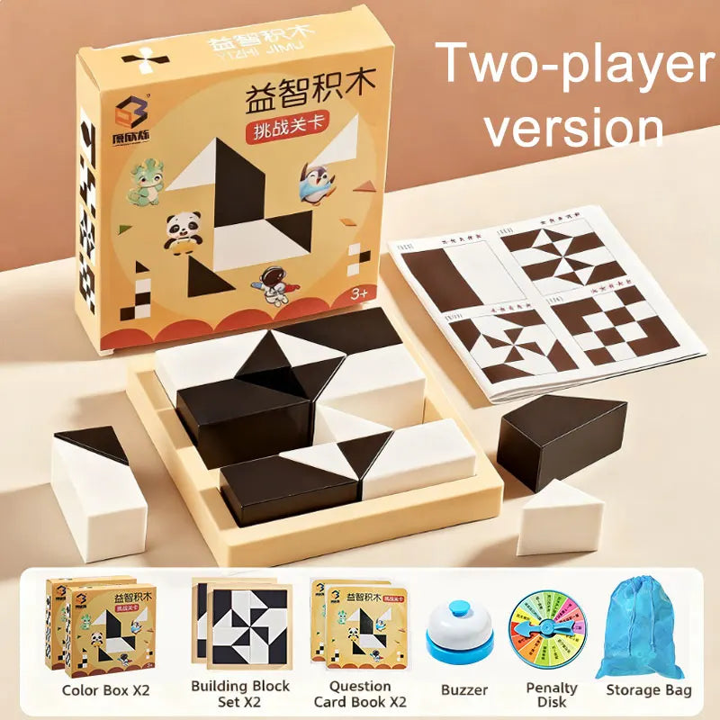 Two-player version of a building block puzzle game box and components including cards and storage bag