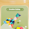 A colorful, geometric snake cube puzzle toy is shown in various forms and shapes on a light background.