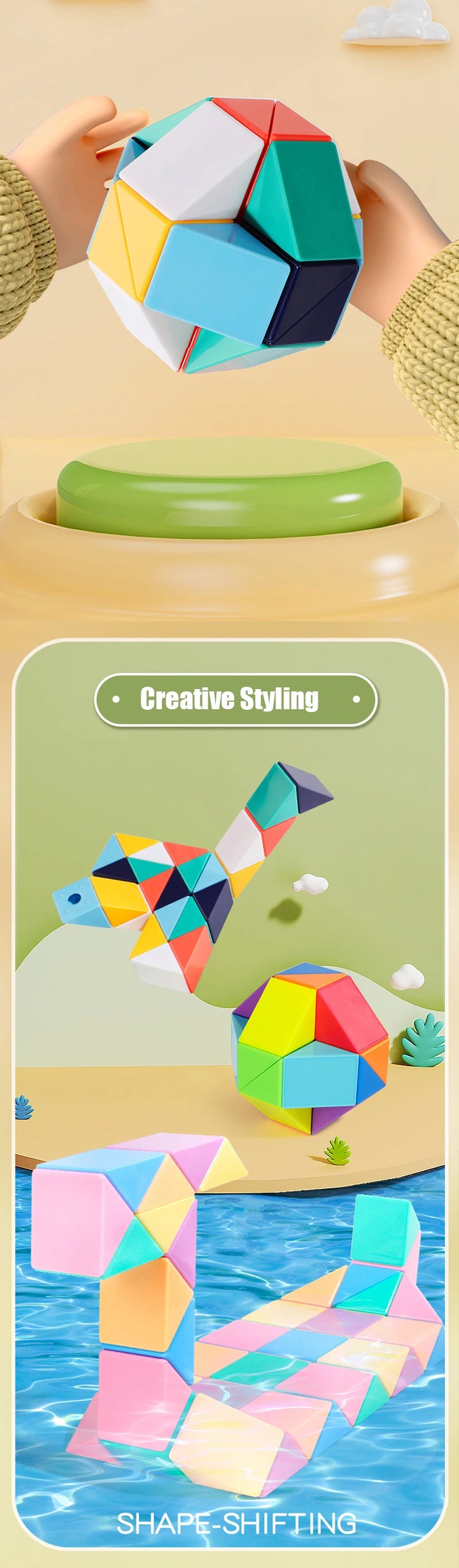 A colorful, geometric snake cube puzzle toy is shown in various forms and shapes on a light background.