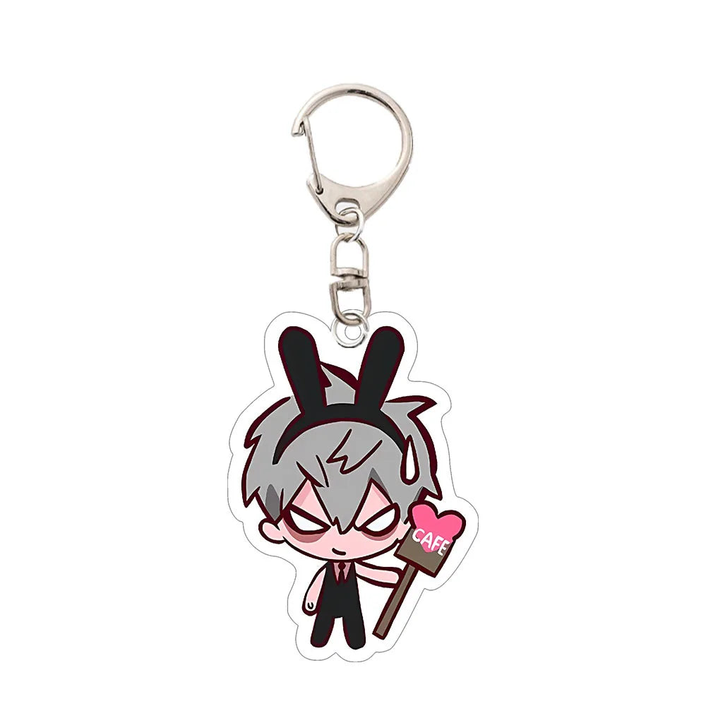 Acrylic keychain featuring an anime character with gray hair and bunny ears, holding a sign for a cafe.